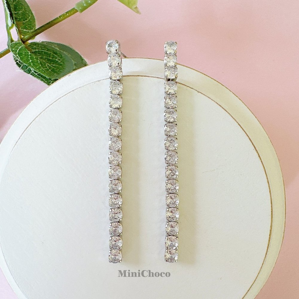 Silver Tone CZ Tennise Drop Earrings